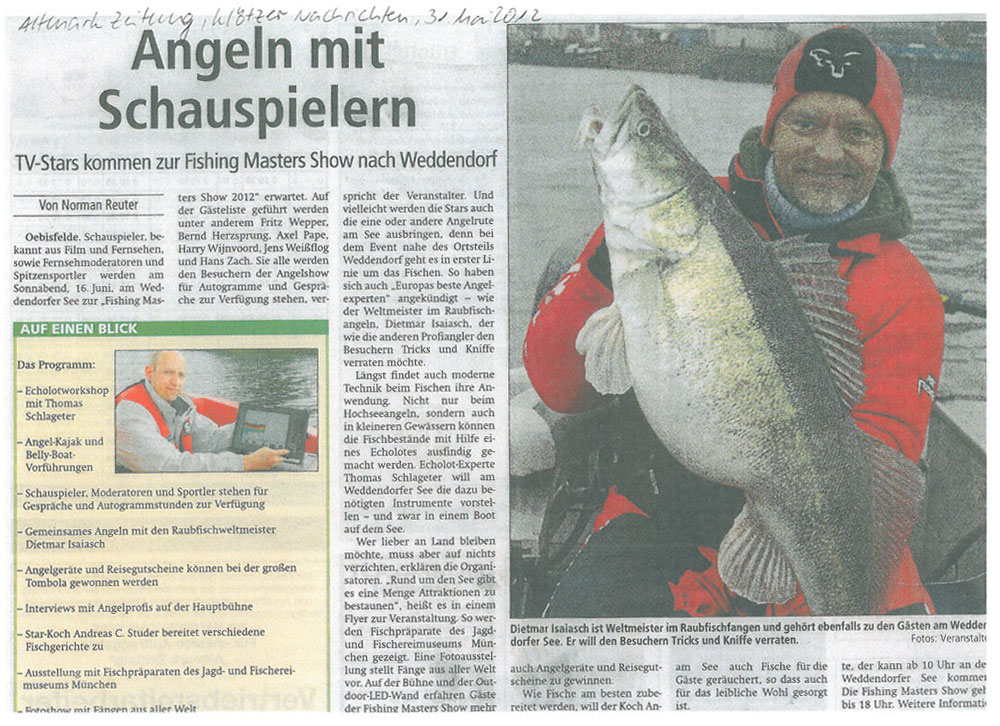 Altmark-Zeitung, Klötzer Nachrichten, 31.05.2012: Angeln mit Schauspielern