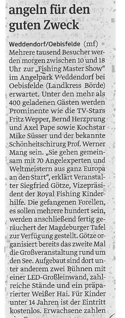 Magdeburger Volksstimme, 21.06.2013: Prominente angeln für den guten Zweck