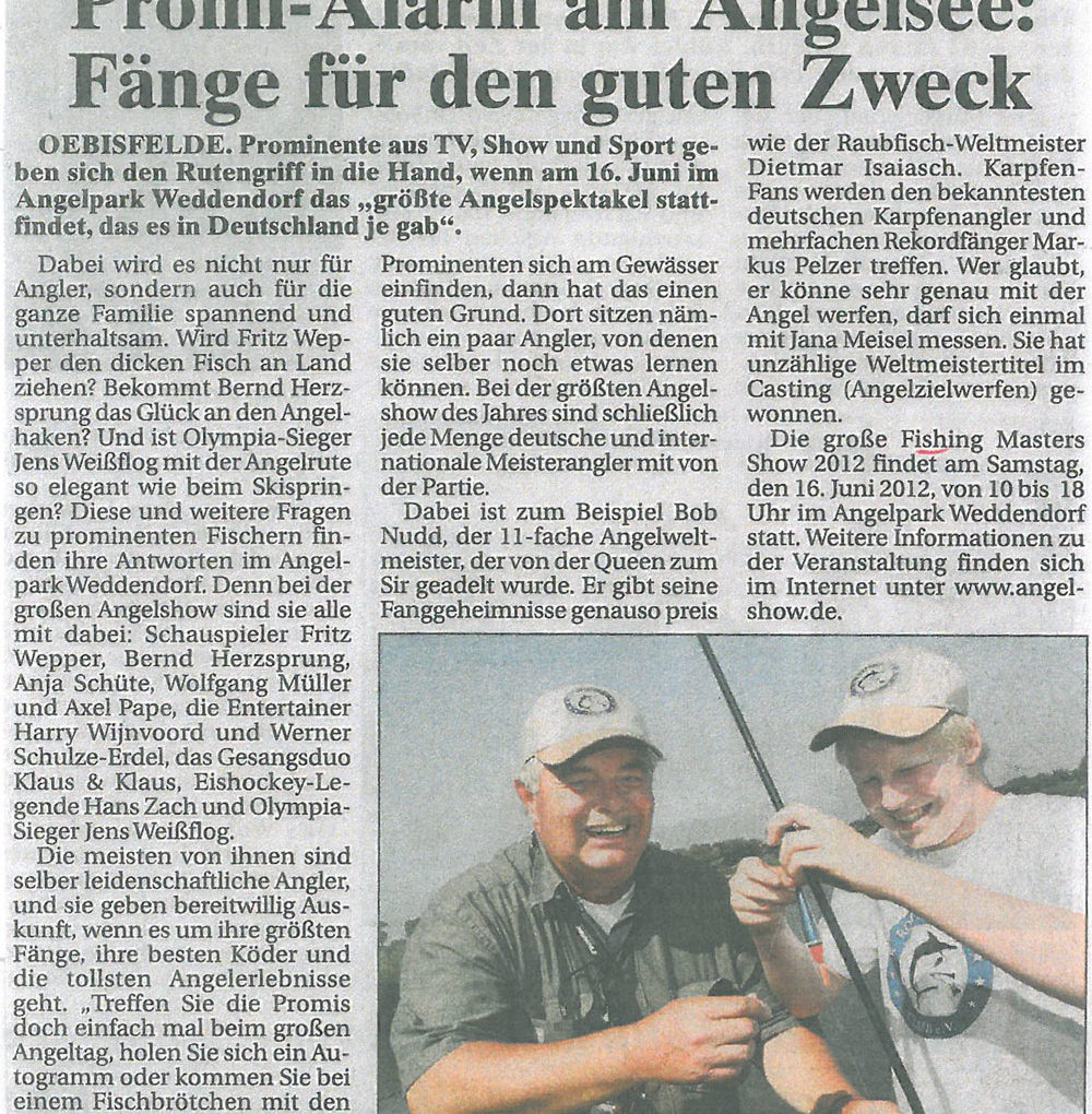 Wolfsburger Kurier, 10.06.2012: Promi-Alarm am Angelsee: Fänge für den guten Zweck